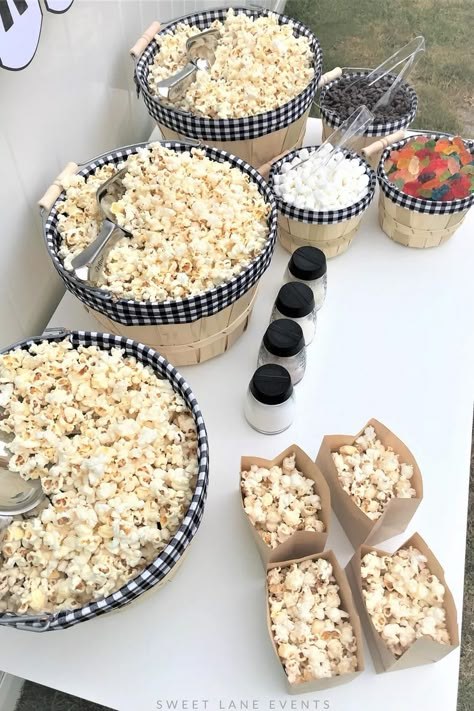 Popcorn Bar Party, Diy Popcorn Bar, Bonfire Birthday, Grandmas Birthday, Gingham Party, Popcorn Flavors, Diy Popcorn, Popcorn Treat, Holi Party