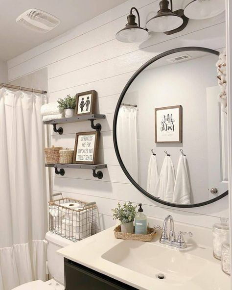 Basement Bathroom Ideas, Industrial Farmhouse Bathroom, Powder Bathroom, Shiplap Bathroom, Rustic Vanity, White Shiplap Wall, Rustic Bathroom Vanities, Modern Farmhouse Bathroom, Rustic Bathrooms