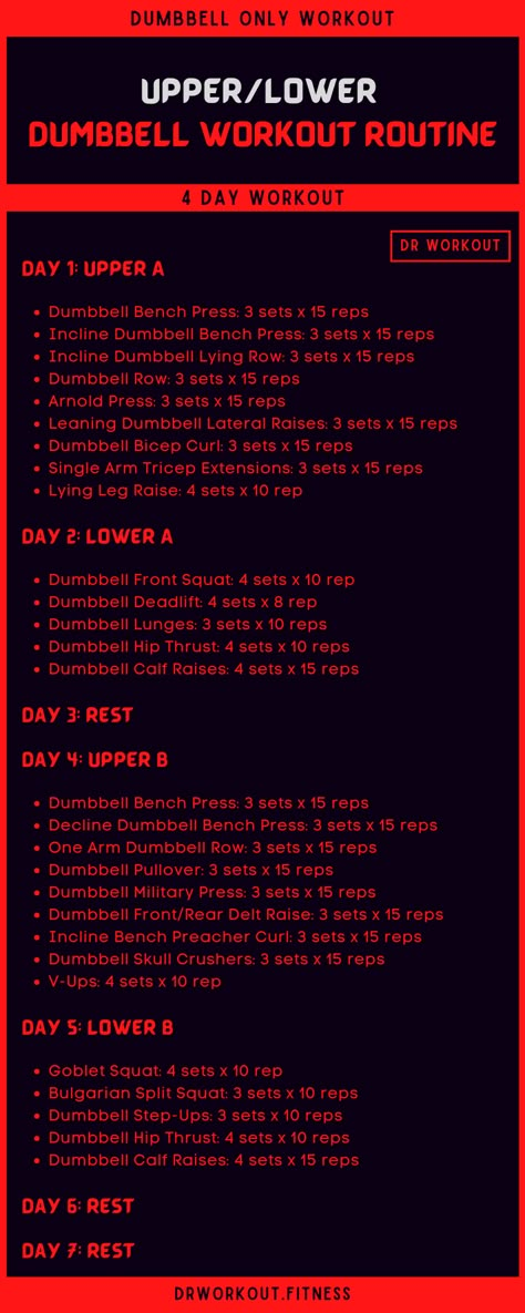 4 Day Upper Lower Dumbbell Workout Plan Dumbell Workout Weekly Schedule, 3 Day Dumbbell Split, Dumbbell Split Workout Plan, 4 Day Full Body Workout Plan, Dr Workout Fitness, Dumbell Workout Routine, Full Body Dumbbell Workout At Home, Dumbbell Workout For Men, Dr Workout