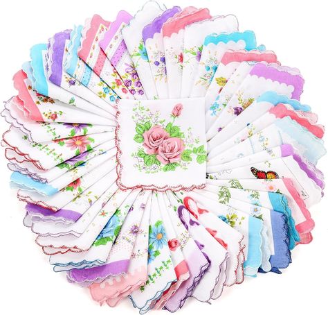 Goaste 40 Pack Cotton Handkerchiefs, 11.5" Women Hankies with Vintage Floral Print, Ladies Tea Party Hanky with Wavy Edge, Pocket Square Towel for Gifting, Weddings, Home Decor at Amazon Women’s Clothing store Amazon Woman, Flower Handkerchief, Ladies Handkerchiefs, Wedding Hankies, Vintage Hankies, Embroidered Handkerchief, Vintage Handkerchiefs, Floral Retro, Vintage Floral Print