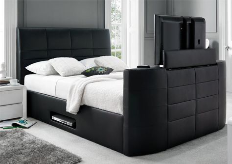 York Leather Black TV Bed - Leather Beds - Beds Hidden Television, Basement Loft, Tv Bed Frame, Pallet Tv, Television Stand, Billy Bookcases, Bedroom Design Modern, Tv Bed, Space Saving Bedroom