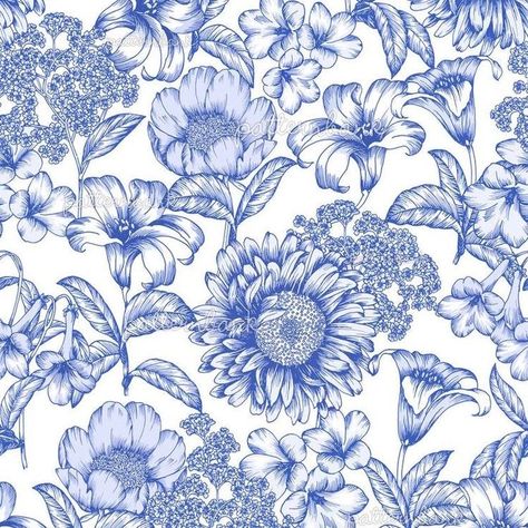 Floral Toile Pattern, Toile De Jouy Pattern Prints, Blue Flowers Pattern, Toile Tattoo, Calm Garden, Design Pattern Ideas, Sophisticated Garden, Blue And White Background, Blue Flower Pattern