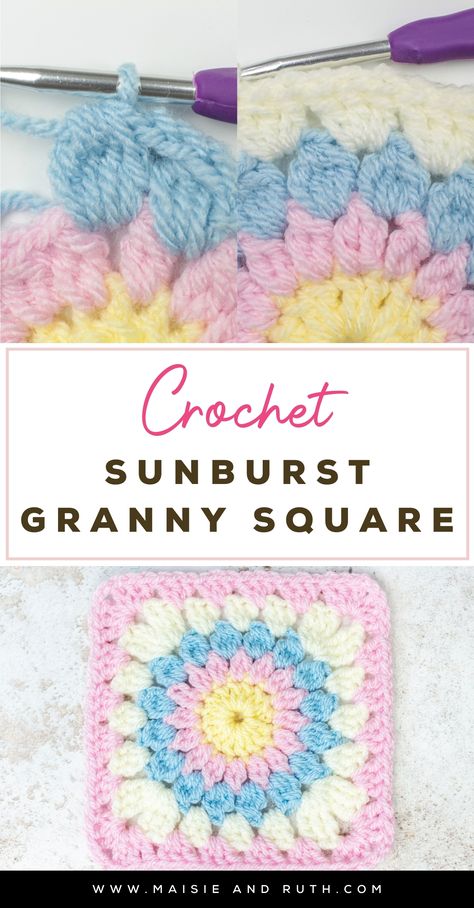 Crochet Sunburst Granny Square Crochet Sunburst, Crochet Flower Granny Square Pattern, Granny Square Pattern Free, Sunburst Granny Square, Granny Square Crochet Patterns Free, Sun Burst, Step By Step Crochet, Beginner Crochet Projects, Learn How To Crochet