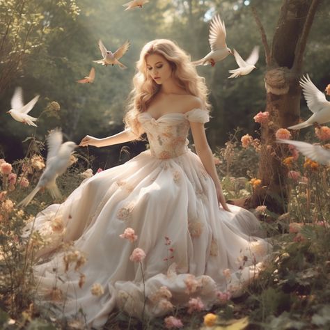 Goddess Of Spring Art, Flower Goddess Dress, Romantic Dress Aesthetic, Nature Princess, Goddess Of Flowers, Flower Goddess, Feminine Romantic, Romantic Fantasy, Fantasy Photography