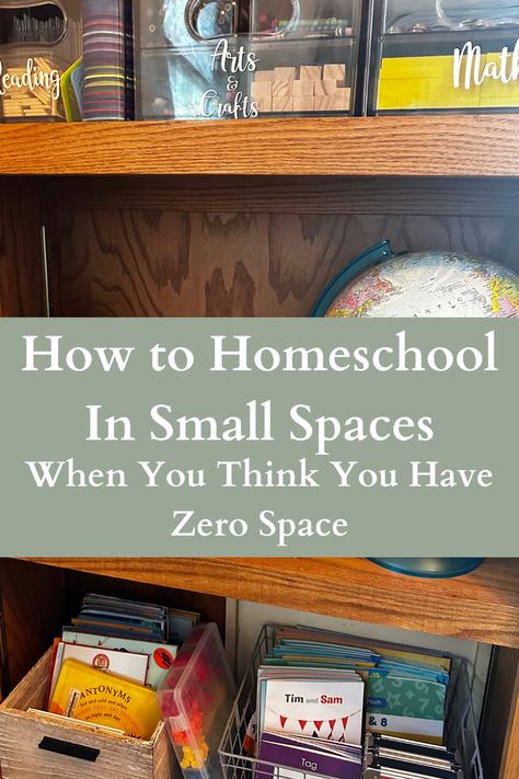 how to homeschool in a small space, homeschool organization for small spaces, homeschool setup for small spaces, small homeschool space ideas, small space homeschool room, preschool, kitchen ideas for homeschooling, storage ideas for homeschooling in a small space, tips for homeschooling in a small space, homeschool storage hacks, organization for homeschooling, homeschool organization Small Space Homeschool Room, Homeschool Bookshelf, Homeschool Classroom Setup, Minimalist Homeschool, Homeschool Room Design, Homeschool Room Organization, Homeschool Space, How To Homeschool, Organizational Hacks