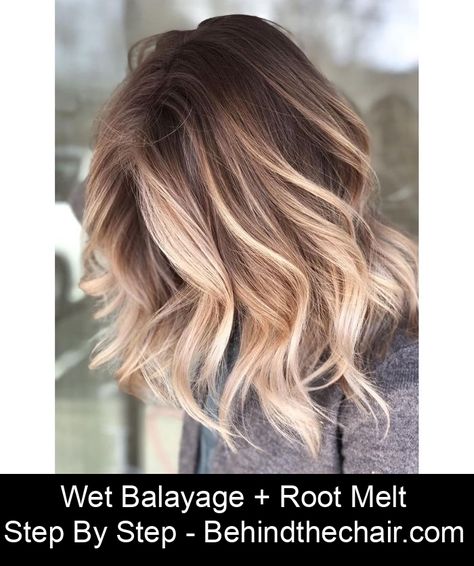 Wet Balayage + Root Melt - Behindthechair.com How to do a wet balayage plus stretched root melt with step by step photos by @camouflageandbalayage Lob Blonde Balayage Dark Roots, Root Melt Straight Hair, Root Melt Dark Blonde, Melted Blonde Hair Balayage, Balayage Hair Brunette With Blonde Medium Length, Root Melt Brunette To Blonde Short Hair, Dark Root Melt, Color Melt Brunette To Blonde, Fall Bronde Balayage Dark Roots