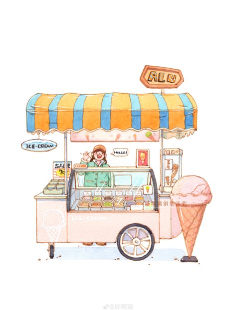 Ice Cream Shop Drawing, Ice Cream Shop Illustration, Food Truck Illustration, Scenery Illustration, Building Drawings, Cute Store, Travel Art Journal, Bird Book, Shop Illustration