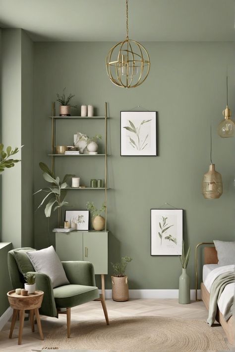 Sage Green Paint, Perfect Hue, Interior Design, Color Inspiration Sage Green Accent Wall Kitchen, Dried Sage Paint Color, Blue Sage Bedroom, Green Paint Room Ideas, Sage Green Interior Color Palette, Sage Green Paint Bedroom, Sw Sage Green, Sage Feature Wall, Green Paint Colors For Living Room