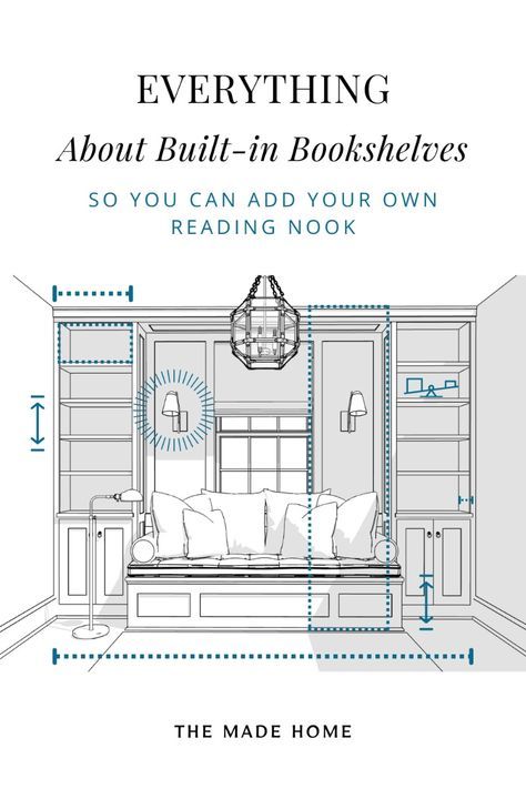 Everything you need to know about installing and designing built-in bookshelves in your home! Get function and design in your reading nook by centering the built-in bookshelves on a window. As a bonus, check out the dimensions for a built-in window seat! Get tips and dimensions at themadehome.com Plans For Built In Bookshelves, Built In Bookshelves Measurements, Built In Bookcase Sloped Ceiling, Built In Shelves Library Room, Window Seat With Bookshelves Built Ins, Building A Reading Nook, Built In Bookshelves With Window, Diy Built In Reading Nook, Building Built In Bookshelves