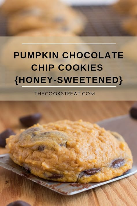 Soft and tender, these pumpkin chocolate chip cookies melt in your mouth. Not your typical cakey pumpkin chocolate chip cookies, which is surprising considering they are completely sweetened with honey. #pumpkin #cookies #chocolatechip #pumpkinchocolatechip #dessert #healthycookies #naturallysweetened Pumpkin Cookies With Honey, Honey Pumpkin Cookies, Baking With Natural Sweeteners, Honey Sweetened Desserts, Autumn Appetizers, Pumpkin Healthy, Naturally Sweetened Desserts, Pumpkin Cookies Healthy, Honey Dessert