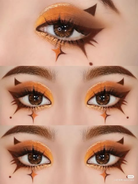 Bright Colored Makeup, Question Mark Makeup, Maniac Skz Inspired Makeup, Eclipse Makeup Ideas, Kaleidos Escape Pod Looks, Graphic Eye Makeup Looks, Hot Glue Eye Makeup, Rhinestone Makeup Ideas, Sun And Moon Makeup Look