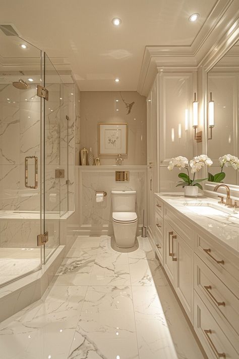 29 Small Bathroom Ideas for a Fresh and Clean Aesthetic - My Elegant Home Recessed Shelving, Bathroom Interior Design Luxury, Luxury Bathroom Master Baths, Elegant Bathroom Design, Marble Bathrooms, White Marble Bathrooms, Bathrooms Luxury, Timeless Bathroom, Tiny Bathrooms