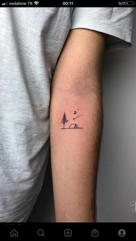 50 Best Small Travel Tattoos Ideas That Will Inspire Inner Wanderers Cute Nature Tattoos Simple, Nature Inspired Minimalist Tattoos, Night Sky Tattoo Minimalist, Out Of The Box Tattoo Ideas, Nature Tattoos Small Simple, Matching Camping Tattoo, Moutain Tattoos Simple, Small Hiking Tattoo, Small Nature Tattoos Men