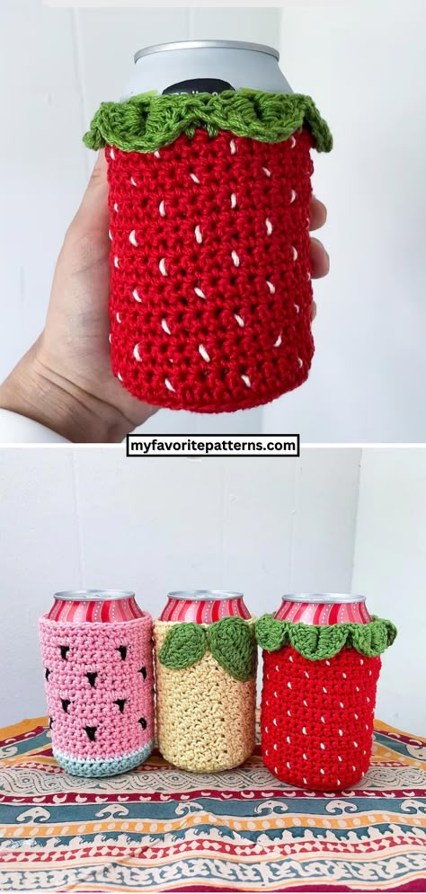 Crochet Strawberry Cup Cozy, Crochet Fair Ideas, Crochet Project For Boyfriend, Crochet Summer Items, Crochet Drink Cozy Free Pattern, Quick Crochet For Craft Fair, Market Crochet Patterns, Interactive Crochet Patterns, Red Crochet Patterns