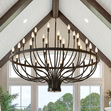 Modern Farmhouse Candle Chandelier Black Large Wagon Wheel Chandeliers - On Sale - Bed Bath & Beyond - 40351540 Large Family Room Chandelier, Chandelier Bedroom Low Ceiling, Chandelier Tall Ceiling Living Rooms, Entrance Modern Chandelier Entryway, Large Chandelier Dining Room, Chandeliers For Vaulted Ceilings, Entryway Chandelier Foyers High Ceiling, Large Light Fixtures For High Ceilings, Vaulted Entryway Lighting