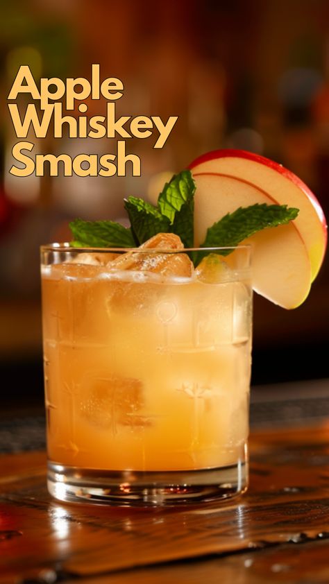 Taste the crisp flavors of fall with our Apple Whiskey Smash recipe. Tart apples and smooth whiskey come together in this easy-to-make cocktail. via @mybartender Irish Whiskey Recipes, Apple Whisky Cocktails, Apple Liqueur Cocktails, Scotch Recipes Drinks, Warm Whiskey Cocktails, Jack Apple Cocktails, Apple Old Fashioned Cocktail, Apple Jack Daniels Cocktail Recipes, Jack Daniels Honey Whiskey Drinks