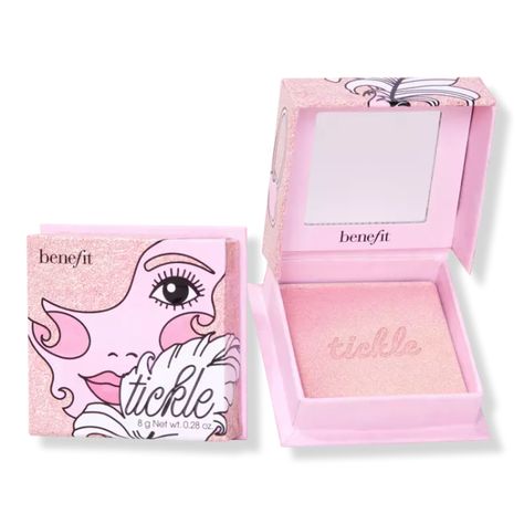 Benefit Highlighter, Pink Highlights, Powder Highlighter, Makeup Items, Tickled Pink, Birthday Wishlist, Benefit Cosmetics, Gold Shimmer, Makeup Brands