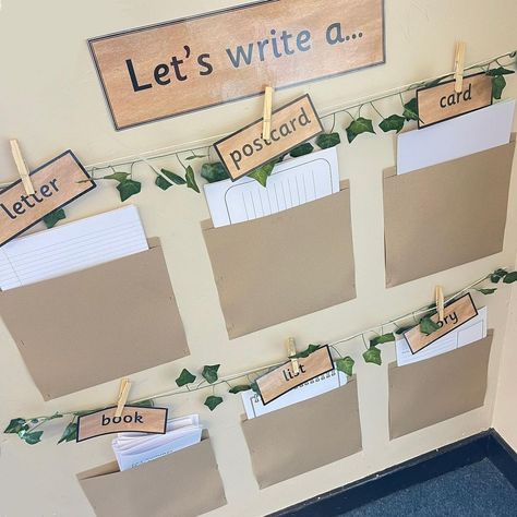 Class Schedule Display Ideas, Fs2 Classroom Ideas, Natural Reception Classroom, Ks1 Writing Area, Year 2 Provision Ideas, Neutral Display Classroom, Uk Classroom Ideas, Writing Area Year 1, Year 1 Classroom Displays