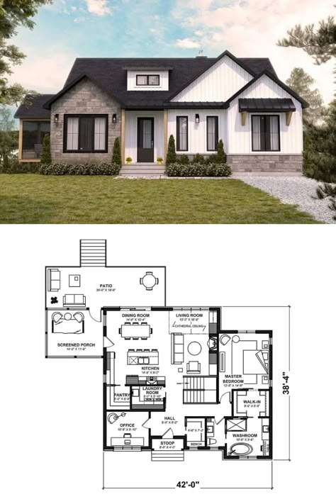 4-Bedroom Single-Story Muskoka Ranch-Style House Plan for a Sloped Lot with Open Concept Living One Story House Plans Bloxburg, Single Story House Floor Plans, Open Concept House Plans, Modern House Floor Plans, Small House Layout, Sims 4 House Plans, Sims 4 House Building, Ranch House Plan, 4 Bedroom House Plans