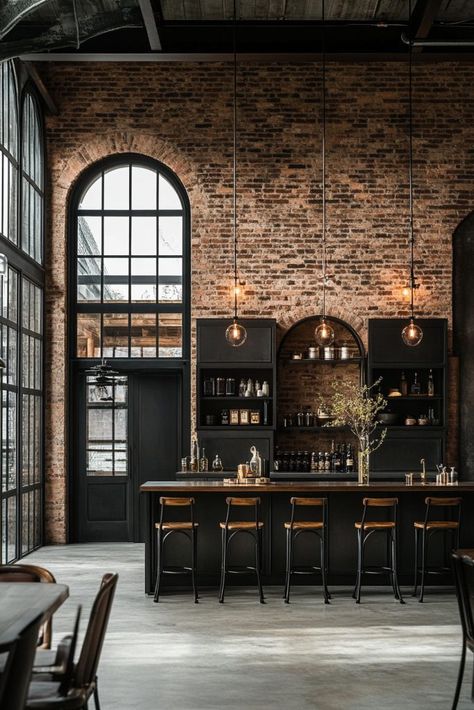 Sophisticated Industrial Interior Design, Industrial Theme Office Interior Design, Victorian Industrial Decor, Exposed Brick Decorating Ideas, Sleek Industrial Design, Neo Industrial Interior, Industrial Commercial Design, Industrial Aesthetic Interior Design, Industrial Office Kitchen