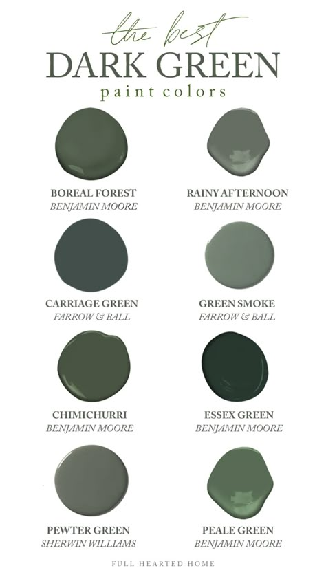 The Best Dark Green Paint Colors - Full Hearted Home Dark Green Paint Colors, Essex Green, Dark Green Paint, Bathroom Downstairs, Green Accent Walls, Dark Green Walls, Entry Ideas, Green Paint Colors, Paint Inspiration