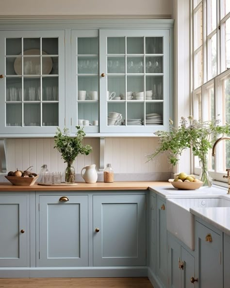 Interior • Instagram Robin Egg Blue Cabinets, Kitchen Design Colourful, Muted Blue Cabinets Kitchen, Soft Kitchen Colors, Kitchen Design Light Colors, Light Blue Shaker Kitchen, Baby Blue Cabinets Kitchen, Duck Egg Kitchen Cabinets, Light Blue Farmhouse Kitchen