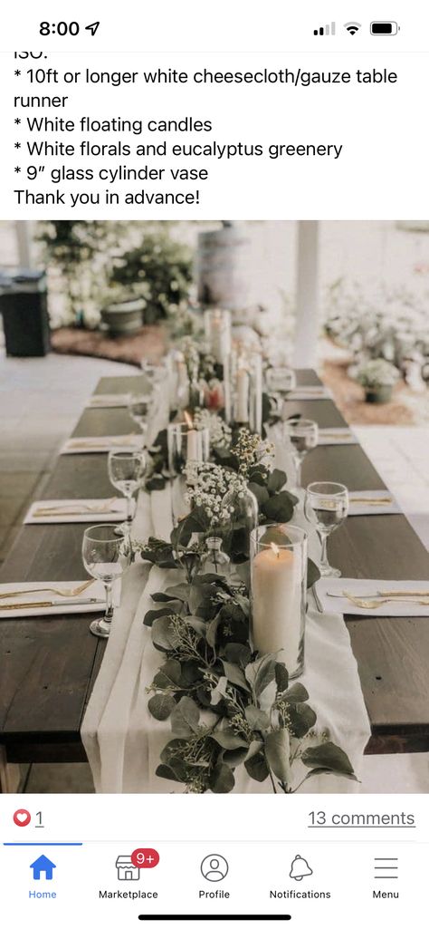 Simple Wedding Table Greenery, Farm Table With Greenery And Candles, Long Table Wedding Centerpieces Simple Runners, Long Tables At Wedding Reception, Wedding Table Centerpieces For Long Tables, Candles On Farmhouse Table Wedding, Sage Green Wedding Long Table, Greenery And Candle Table Runner, Candle Long Table Centerpiece