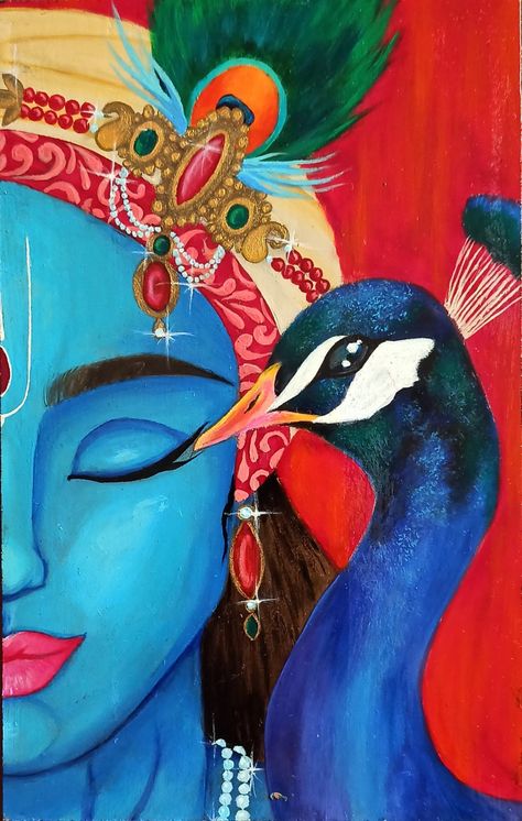 Krishna With Peacock, Krishna Vasudev, Radha Krishna Drawing, Peacock Drawing, Modern Art Canvas Painting, Krishna Drawing, Buddha Art Painting, Sri Krishna, Beautiful Art Paintings