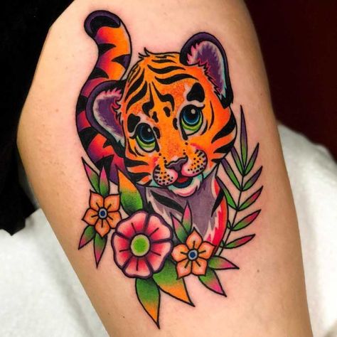 Lisa Frank Tattoo, Frank Tattoo, 90s Tattoos, Stomach Tattoos, Baby Tiger, Girly Tattoos, Tiger Tattoo, Tattoo Flash Art, Lisa Frank