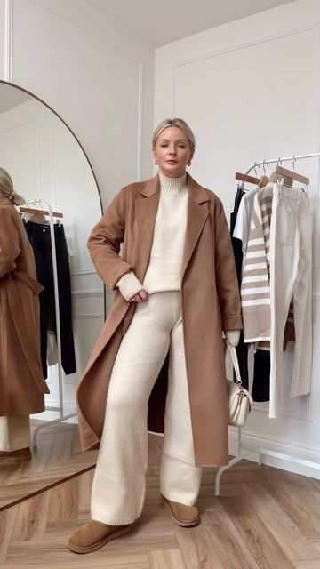 Zara Sets, Cream Winter Outfit, Mango Perfume, Knit Set Outfit, Sunday Ootd, Laura Byrnes, Winter Wear Women, Cream Coat, Chic Winter Outfits