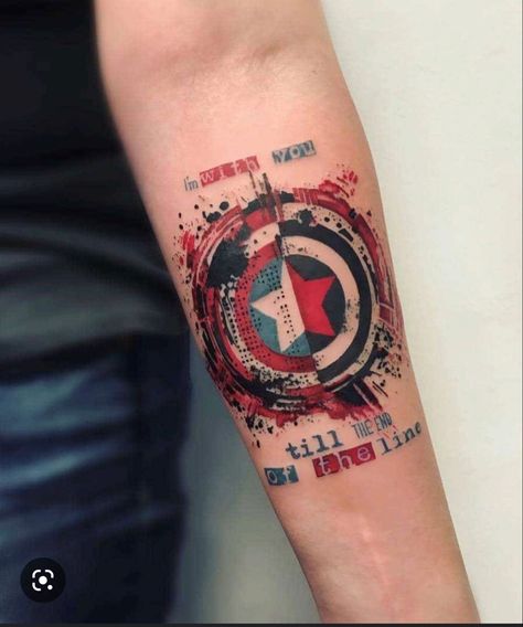 Bucky Tattoo Ideas, Bucky Tattoo, Captain America Tattoo, Bro Tattoos, America Tattoo, Soldier Tattoo, Avengers Tattoo, P Tattoo, Sticker Tattoo