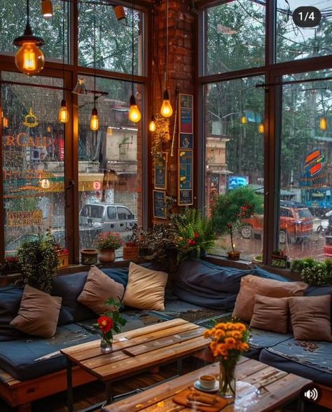 Cozy Cafe Interior, Rustic Coffee Shop, Lounge Aesthetic, Peaceful Interior, Restaurant Exterior Design, Coffee House Design, Forest Cafe, Cozy Window Seat, Cafe Window