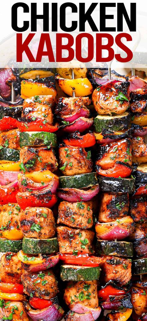 These Chicken Kabobs (Grilled or Baked) are marinated in my wildly popular, viral chicken marinade for the juiciest, most flavor bursting chicken skewers of your life – no dry, bland or boring chicken here! #recipeoftheday #recipeideas #recipesfordinner #dinner #dinnerrecipes #dinnerideas #dinnertime #grilling #kabobs #chickenkabobs #grilledchicken #healthychicken #healthyeating #healthylifestyle #grilledveggies #grilledvegetables #skewers #chickenskewers #chicken #chickenbreasts #chickenrecipes Chicken Brochettes Skewer Recipes, Kielbasa Kabobs, Chicken Kabobs In The Oven, Oven Chicken Kabobs, Chicken Kabobs On The Grill, Chicken Skewers Marinade, Kabobs In The Oven, Chicken Skewers Grilled, Chicken Kebobs