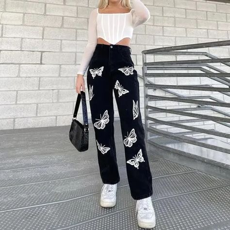 Honet - Butterfly Print Straight Leg Jeans | YesStyle Stylish Pants Outfits, Outfits For Shopping, Jeans Butterfly, Streetwear Trousers, Custom Pants, Vintage Butterfly Print, Harness Fashion, Pants Streetwear, Custom Jeans