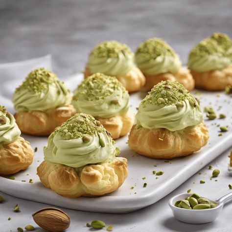 IRRESISTIBLE PISTACHIO CREAM PUFFS Italian Cream Desserts, Pistachio Eclair Dessert, Fancy Pistachio Dessert, Pistachio Creme Patisserie, Pistachio Custard Cream, Pistachio Pastry Cream Recipe, Pistachio Cream Filled Croissant, Pistachio Cream Filling, Pistachio Creme Brulee