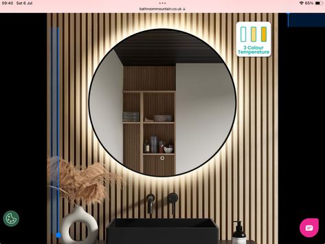 Round Backlit Mirror, Round Bathroom Mirror Ideas, Bathroom Mirror Lighting Ideas, Round Bathroom Mirrors, Light Up Bathroom Mirror, Mirror Panel Wall, Mirror Cupboard, Bathroom Mountain, Cloakroom Ideas