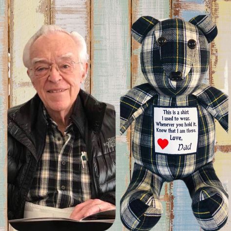 Memorial Keepsake Ideas, Memory Crafts From Clothes, Memory Bear Pattern, Memory Shirt, Tshirt Quilts, Memorial Items, Shirt Crafts, Memory Gifts, Clothing Keepsake