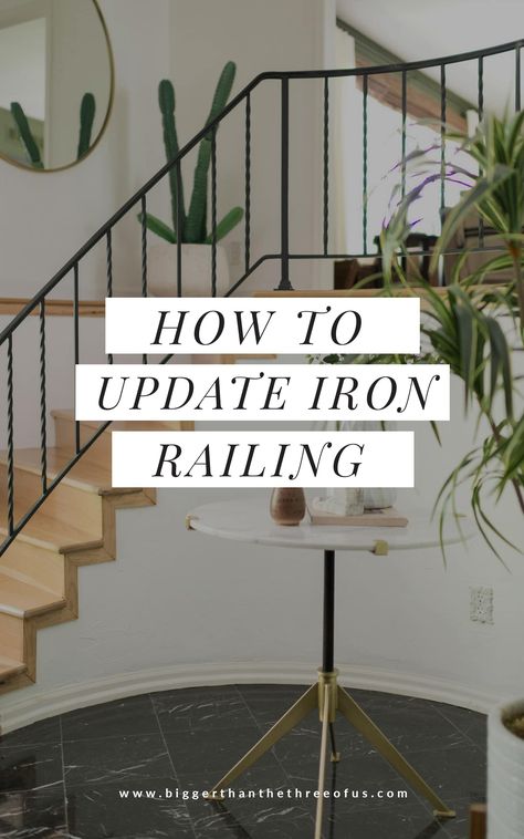 Learn how to modernize your stair handrail with this stair railing idea! Transform your old wrought iron handrails to a cleaner, modern handrail by grinding off the scrolls! Learn how with this interior handrail tutorial! #ironhandrail #handrailidea #staircaseidea #diystairhandrail Stair Railing Iron, Iron Stair Spindles, Metal Handrails For Stairs, Modern Handrail, Interior Handrails, Iron Staircase Railing, Indoor Stair Railing, Black Stair Railing, Wood Railings For Stairs