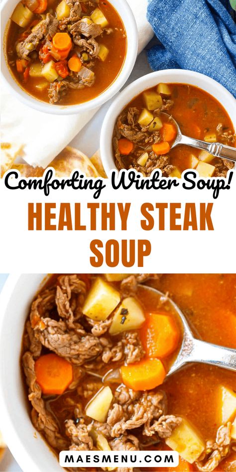 Fancy a flavorful and succulent soup recipe that’s perfect for the colder months? Try a bowl of my warming Healthy Steak Soup! Made with sliced steak and chunky fresh vegetables, this soup is sure to hit the spot if you want to make a moreish savory soup this winter! #healthysoup #comfortfood Winter Soup Recipes Healthy, Steak Soup Recipes, Leftover Steak Recipes, Healthy Steak, Steak Soup, Spicy Steak, Steak And Onions, Winter Soup Recipe, Winter Soup