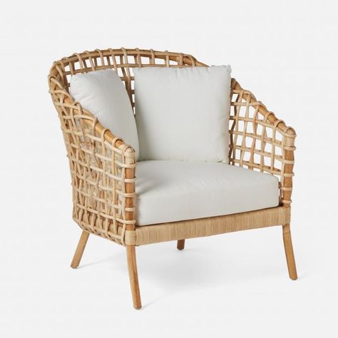 Ismael | Made Goods Coastal Accent Chairs, Blue And White Living Room, Rattan Lounge Chair, Cane Furniture, Solid Shapes, Vung Tau, Room White, Modern Accent Chair, White Cushions