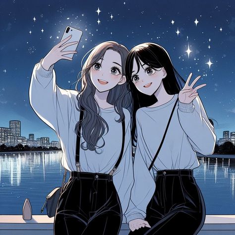 Two Cute Anime Best Friends, Best Friend Anime Pictures, Anime 2 Bestie, Six Friends Pictures Cartoon, Two Anime Friends, Anime Friendship Aesthetic, Friendship Pics Cartoon, Best Friends Photos Cartoon, Anime Sisters Pfp