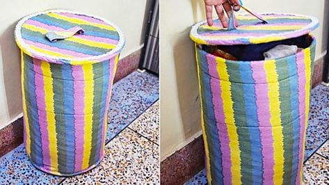 How To Make A Fabric Laundry Basket | DIY Joy Projects and Crafts Ideas Laundry Bags Diy, Fabric Laundry Basket, Storage Bags Diy, Kids Laundry Basket, Diy Laundry Basket, Basket Makeover, Home Things, Diy Rope Basket, Laundry Hampers