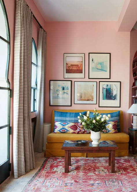 Don't give up on millennial pink just yet, here's 12 spaces that will have you opting for blush hues for your home Room With Pink Walls, Pink Apartment, Murs Roses, Pink Rooms, Yellow Sofa, Yellow Home Decor, Pink Living Room, Deco Boheme, Air Bnb