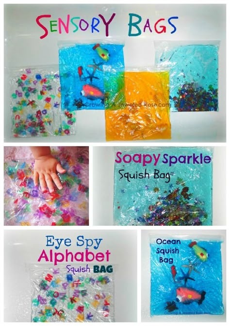 Lots of sensory bag ideas! .... I've made these at work and they are so fun! Ece Activities, Activities Director, Sensory Bag, Sensory Bags, Halloween Sensory, Gold Door, Baby Activities, Sensory Bottles, Messy Play