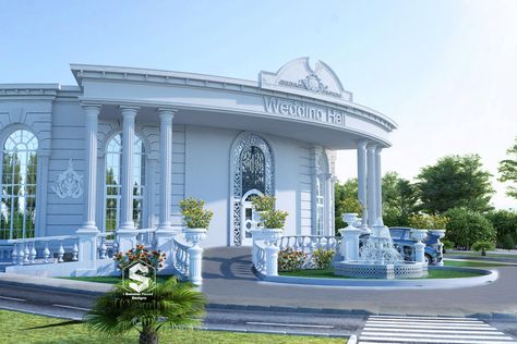 Wedding Hall Design on Behance Wedding Hall Plan Architecture, Wedding Hall Design Architecture Plan, Wedding Hall Architecture, Event Hall Design Exterior, Marriage Hall Design Exterior, Event Hall Architecture, Wedding Hall Exterior Design, Hall Exterior Design, Marriage Hall Elevation