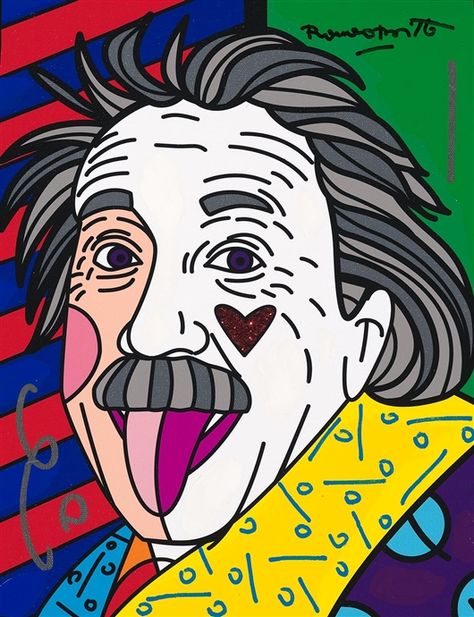 "Einstein Best Always" Mixed-media with acrylic painting oil pen drawing diamond dust and giclee on canvas by Romero Britto.   - Park West Gallery Romero Britto Art, Britto Art, Arte Van Gogh, West Art, Seasons Art, Tableau Art, Certificate Of Authenticity, Art Icon, Ship Art