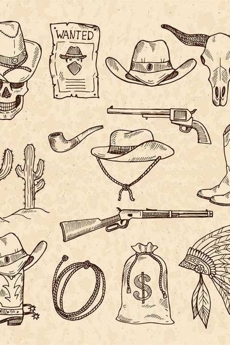 Western symbols. Cowboy guns saloon and other wild west pi Country Style Sleeve Tattoos, Cowboy Tribute Tattoo, Cowboy Finger Tattoo, Western Gunslinger Tattoo, Western Tattoo Sketch, Retro Western Tattoo, Western Flash Art, Patchwork Tattoo Western, Wrangler Patch Tattoo