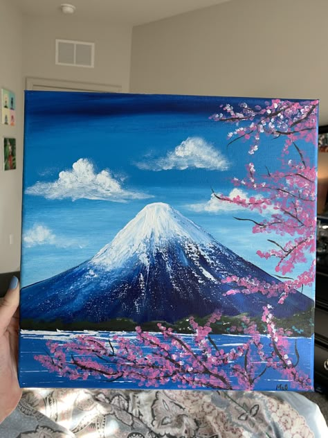 #painting #art #canvas #mountain #fuji #cherryblossom Easy Landscape Paintings, Fall Canvas Painting, Japan Painting, Large Canvas Painting, Small Canvas Paintings, Art And Painting, Easy Canvas Painting, Canvas Painting Designs, Landscape Art Painting