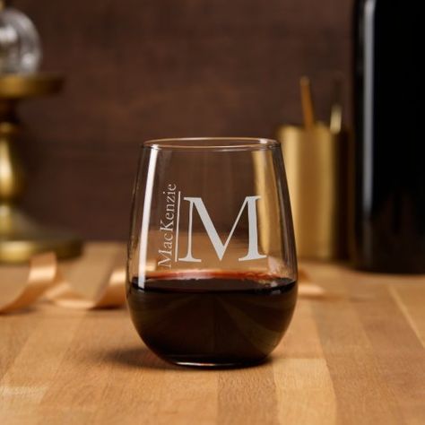 Simple Monogrammed Name Personalized etched glass from Ricaso - change text to suit your needs. a stunning glass etched with the recipients surname and monogram - available in many different glass styles https://www.zazzle.com/simple_monogrammed_name_personalized_stemless_wine_glass-256128836882429170 #createyourown #personalizedgift #uniquegifts #giftidea #customgift #makeyourown #giftideas #gifting #designyourown #personalizedgifts #personalized #zazzlemade #Ricaso #customizable #monog... Wine Glass Etching, Monogrammed Wine Glasses, Monogram Wine Glasses, Wedding Party Gifts Groomsmen, Etched Wine Glasses, Unique Monogram, Glass Showcase, Custom Wine Glasses, Elegant Monogram