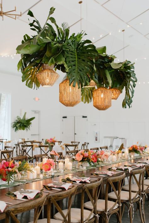 Rattan Party Decor, Tropical Greenery Wedding, Tropical Reception, Rattan Pendant Lighting, Tropical Wedding Reception, Tropical Centerpieces, Jungle Wedding, Tropical Wedding Theme, Tropical Wedding Decor